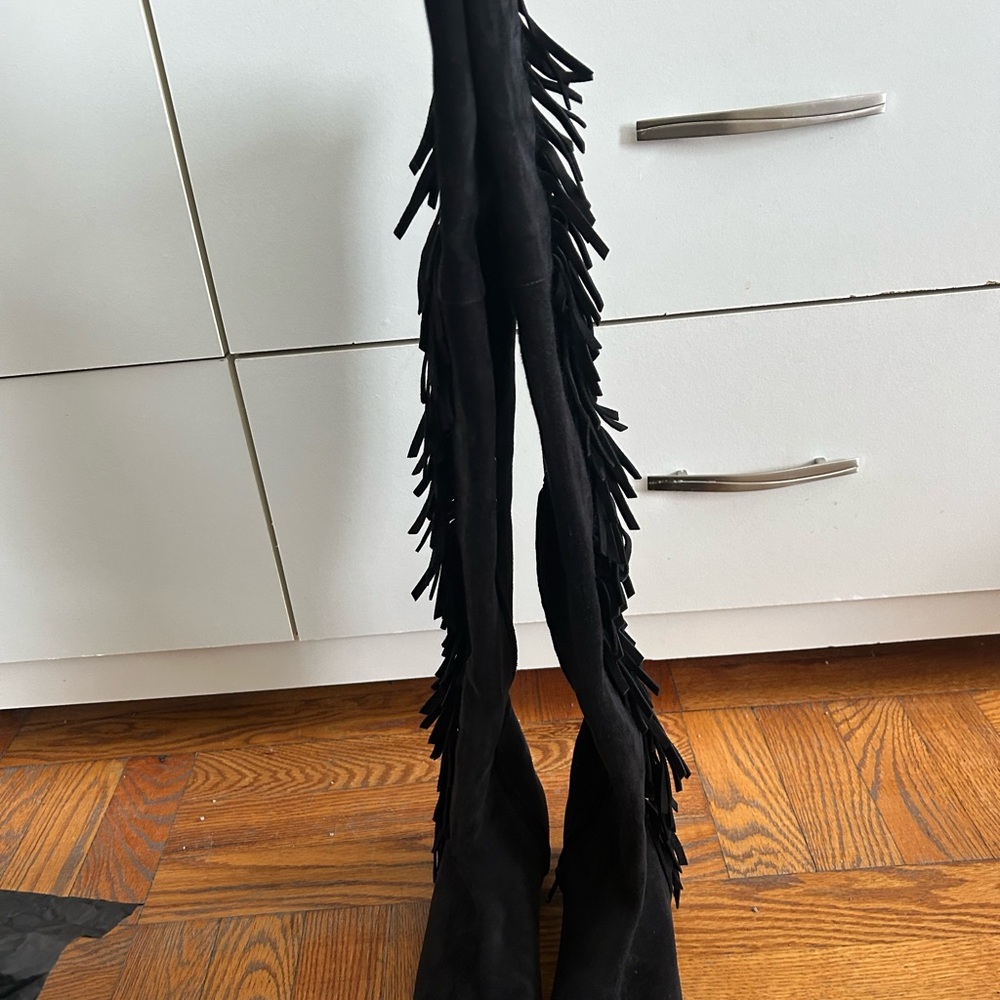 Saint Laurent Black Over the Knee Boots with Fringe - Picture 2 of 7
